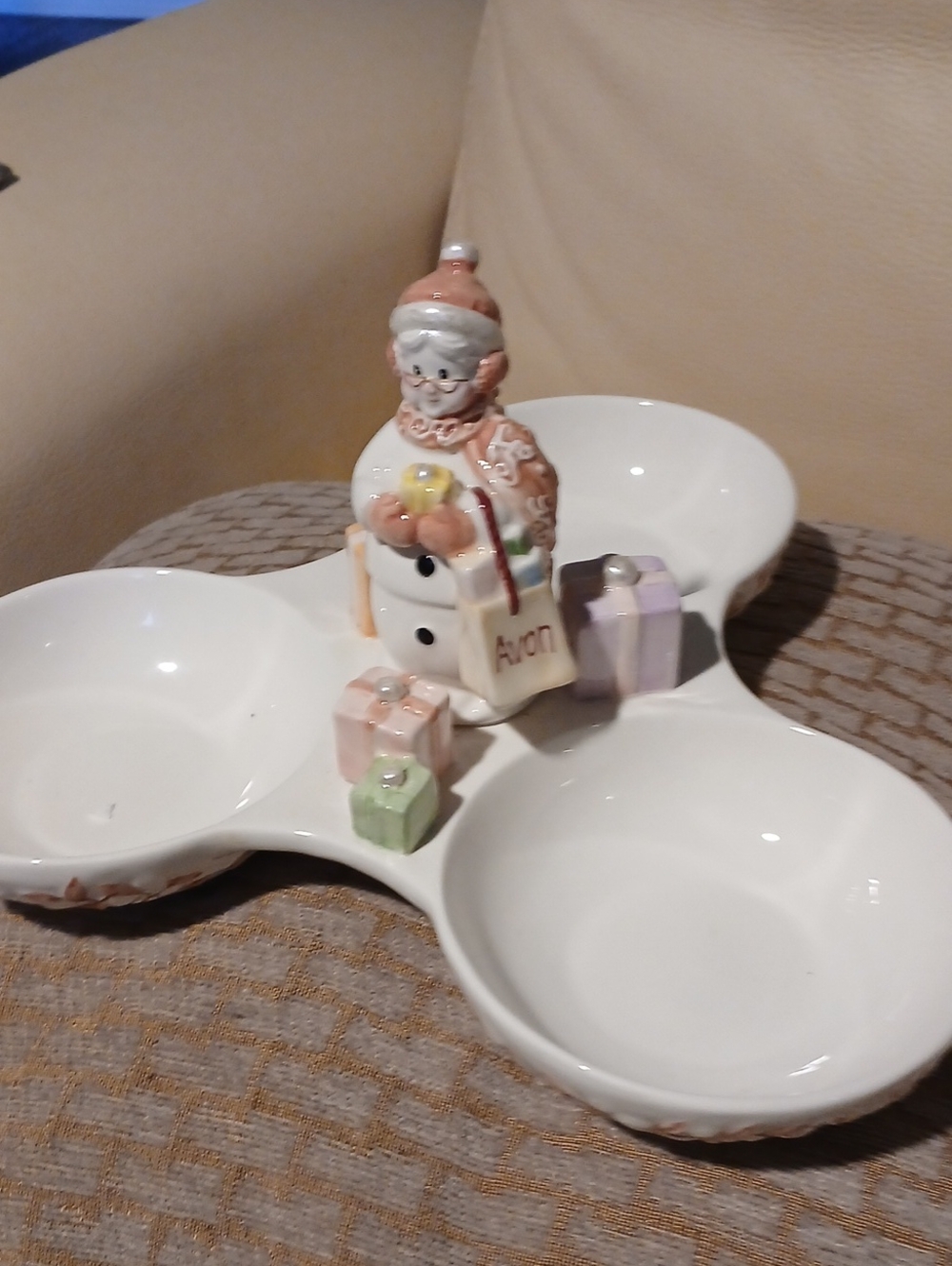Avon Triple-Bowl Ceramic Snowman Serving Tray - White with Pastel Accents